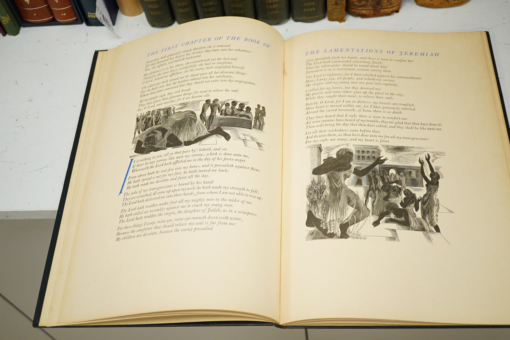 The Gregynog Press - The Lamentations of Jeremiah. Limited Edition (of 250 numbered copies). calligraphic title printed in blue and black (and blue printing elsewhere), 21 wood engraved illus. (5 full page) by Blair Hugh
